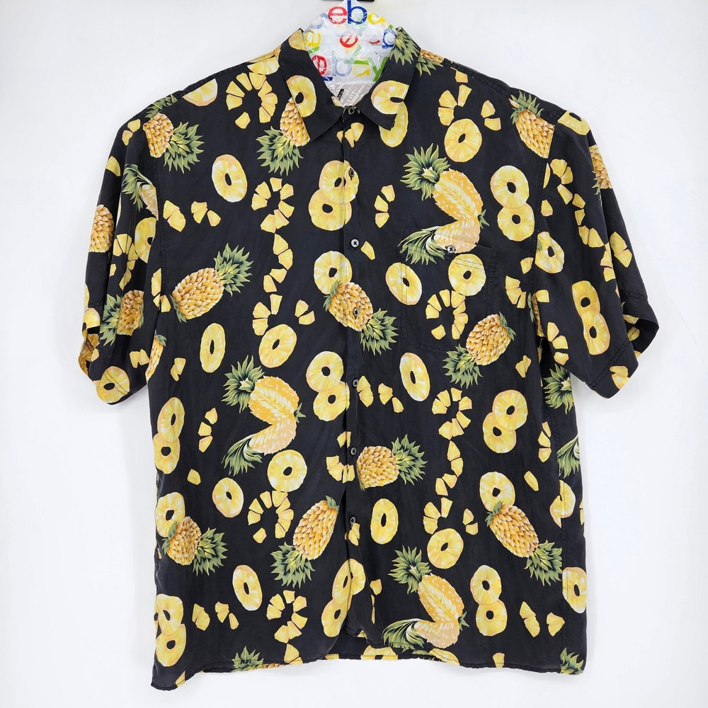 Vintage Hilo Hattie Shirt Mens 2XL Button Silk Honolulu Hawaiian Pineapple AOP
